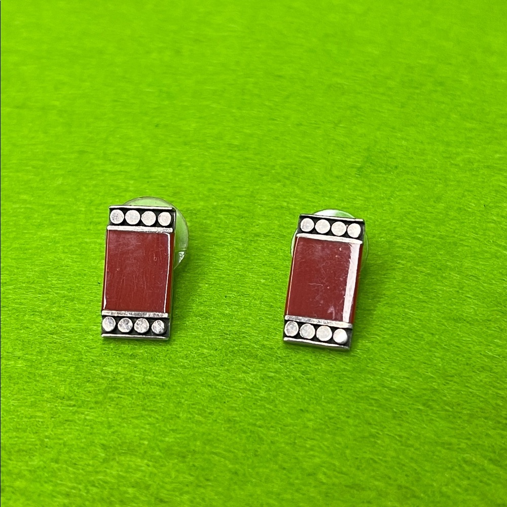 Red And Silver Rectangular Earrings - image 1